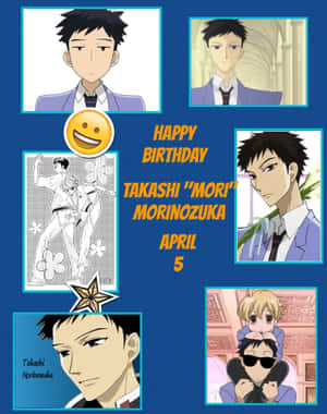 動漫角色 Takashi Morinozuka 的生日拼貼畫，包含多個肖像和慶祝文字。 — 三宅隆 壁紙