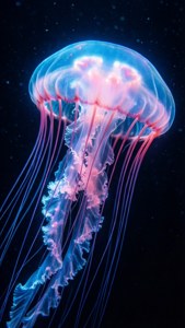 一隻帶有粉紅色和藍色觸手的發光水母在黑暗的海水中漂流。 — OLED 壁紙