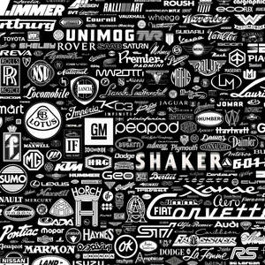 黑白桌布，帶有密集的復古汽車品牌標誌圖案。 — Vans 標誌 壁紙