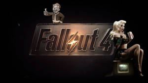 Vault Boy 和一位拿著書本的女士在 Fallout 4 標誌旁邊。 — 天命 4K 壁紙