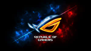 發光的 ROG 標誌，帶有藍色和紅色的能量爆發以及 Republic of Gamers 文字。 — 玩家共和國 壁紙