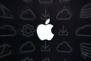 發光的Apple標誌搭配數位圖示在深色背景上