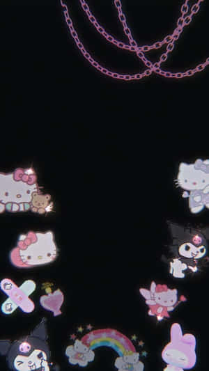 發光的Hello Kitty貼紙和粉紅色鏈條在黑暗中漂浮。 — 凱蒂貓 美學 GIF 壁紙