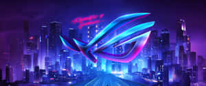 發光ROG標誌在夜晚漂浮於霓虹城市之上 — 遊戲玩家標誌 壁紙