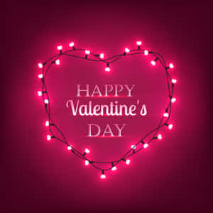 愛心形狀燈串與 'Happy Valentine's Day' 文字，粉紅色背景。 — 可愛情人節 壁紙
