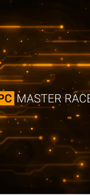 深色背景上帶有 PC MASTER RACE 文字的橙色發光電路線條和圓點。 — Pixel 7 Pro 壁紙