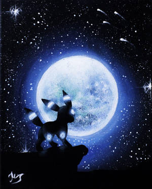 皮丘站在懸崖上，下方是發光的月亮照耀的星空夜空，有流星劃過。 — 月光 壁紙