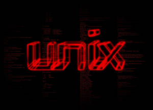 紅色線框UNIX標誌被黑色背景上滾動的終端代碼包圍。 — 程式設計 壁紙