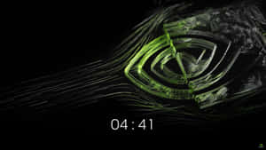發光的綠色NVIDIA標誌，帶有數位條紋和時間顯示，黑色背景 — Nvidia GIF 壁紙