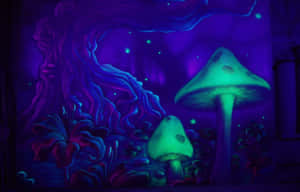 在繁星點點的天空下，深紫色森林中的發光蘑菇和扭曲的樹。 — 昏暗 壁紙
