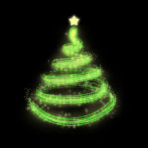 發光綠色螺旋聖誕樹，黑色背景上有星星 — 可愛聖誕 iPhone 壁紙