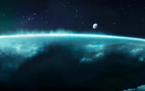 極光在行星的地平線上方發光，黑暗的天空中有星星和月亮。 — 科幻 壁紙