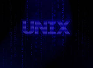 藍色發光UNIX標誌，黑色背景上有落下的數位代碼 — 藍色美學電腦 壁紙