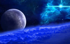藍色星雲在繁星點點的天空中照耀著一顆漂浮的行星，下方有雲層。 — 宇宙 壁紙