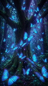 奇幻藝術作品，描繪發光的藍色蝴蝶在黑暗森林中盤旋飛舞，充滿魔法與空靈氣息。 — 藍色蝴蝶 壁紙