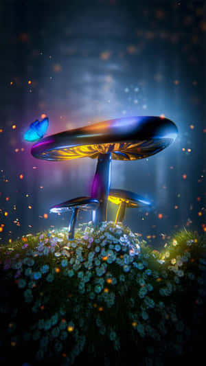 星空下的雛菊上方有發光蘑菇與蝴蝶。 — 蘑菇美學 壁紙