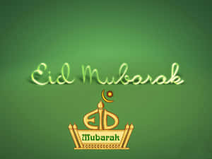 在綠色背景上帶有發光文字和清真寺標誌的Eid Mubarak祝福。 — 慶祝 壁紙