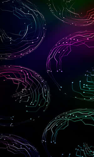 漂浮的球體帶有發光的霓虹色電路線條，背景為深色。 — Galaxy Tab A 壁紙