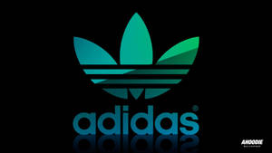 青綠色Adidas標誌，帶有三條紋和品牌名稱，位於黑色背景上並有反射。 — 愛迪達 GIF 壁紙