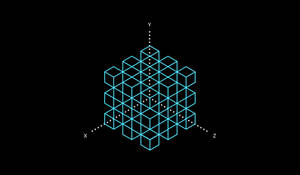 黑色背景上帶有X Y Z軸的青色3D立方體網格 — 幻覺 壁紙