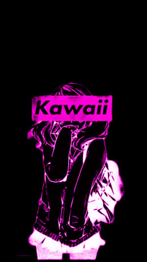 發光粉紅色動漫女孩剪影，帶有「Kawaii」文字，黑色背景。 — 可愛動漫女孩 壁紙