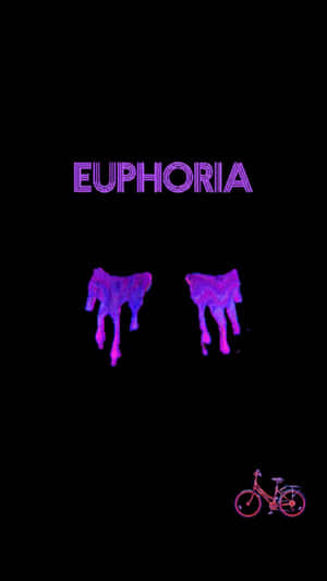 紫色霓虹文字 euphoria，帶有融化的人物和腳踏車，黑色背景。 — 省電 壁紙