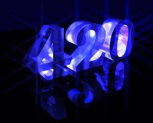 發光藍色3D數字420在深色背景上帶有反射和光線