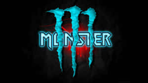 發光藍色Monster Energy標誌，帶有紅色刮痕，位於深色背景上。 — Monster Energy 壁紙