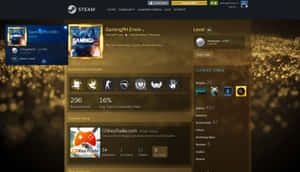 Steam 遊戲個人資料，在金色粒子背景上顯示成就和統計數據。 — 蒸氣龐克 壁紙