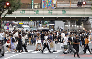 戴著口罩的行人在JR澀谷站天橋下穿過繁忙的東京街道。 — 日本 壁紙