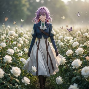 紫發動漫女孩走過白玫瑰田，蝴蝶飛舞。 — 紫羅蘭永恆花園 壁紙