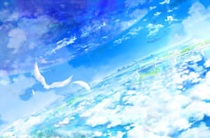 白翼鳥在佈滿雲朵和星星圖案的明亮藍天中滑翔。 — 美學天空 壁紙