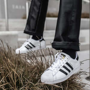 穿著白色adidas superstar運動鞋搭配黑色條紋的人，踏在混凝土階梯附近的乾草上。 — 球鞋 壁紙