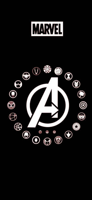 Avengers標誌，周圍有英雄符號，背景為黑色。 — 漫威標誌 壁紙