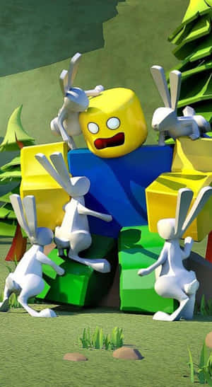 白色兔狀生物聚集在森林中一個方塊黃頭角色周圍。 — 酷炫 Roblox 壁紙