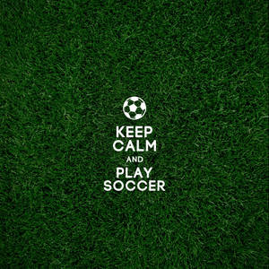 Keep calm and play soccer 文字與足球圖示在綠色草地上。