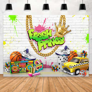 塗鴉牆上帶有「Fresh Prince」文字、金鏈、運動鞋、音箱、計程車和魔術方塊。 — 嘻哈 壁紙