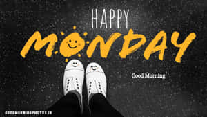 斑點地板上的白色笑臉運動鞋，附有 'Happy Monday' 文字。 — 低飽和 壁紙