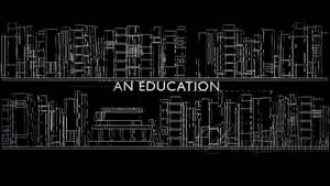 書架的白色線條藝術，中央帶有文字「AN EDUCATION」。 — 教育 壁紙