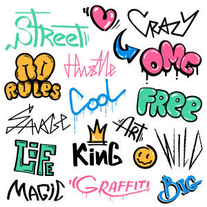 受塗鴉啟發的文字藝術，包含「Street」、「Crazy」和「Graffiti」等短語，色彩明亮。