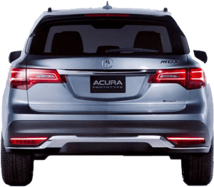銀色Acura SUV原型車後視圖，帶紅色尾燈和MOX徽章。