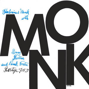 專輯封面，大黑色字母拼出MONK，藍色草書文字列出音樂家。 — 筆電 壁紙