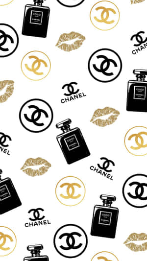 Chanel Coco 香水瓶 金色嘴唇 交織 CC 標誌 圖案 — 香奈兒 壁紙