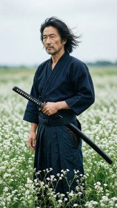 一位身穿黑袍的武士，站在白色花田中，手持劍。 — 對馬戰鬼 壁紙