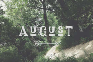 August 文字，帶有向右箭頭穿過綠色森林和泥土小徑。 — 八月 壁紙