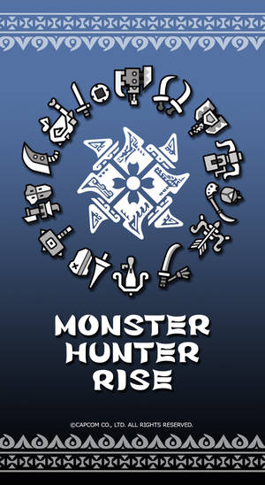 Monster Hunter Rise 遊戲標誌，周圍環繞武器圖標，藍色漸變背景。 — 魔物獵人 壁紙