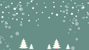 青綠色背景上飄雪下的風格化松樹。 — 冬季美學 壁紙