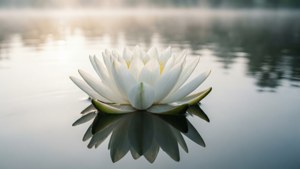 白睡蓮漂浮在平靜的水面上，伴隨著金色日出倒影。 — 白色美學動圖 壁紙