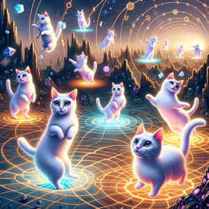白貓在發光的環上跳舞的宇宙幻想景觀。 — 美學貓咪動圖 壁紙