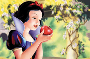 白雪公主在花園中手持一個紅蘋果。 — MacBook 壁紙